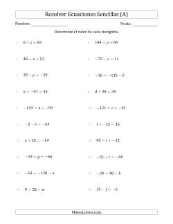 Resolver Ecuaciones Lineales Simples con Incógnitas entre -99 and 99 y las Variables a la Izquierda o a la Derecha