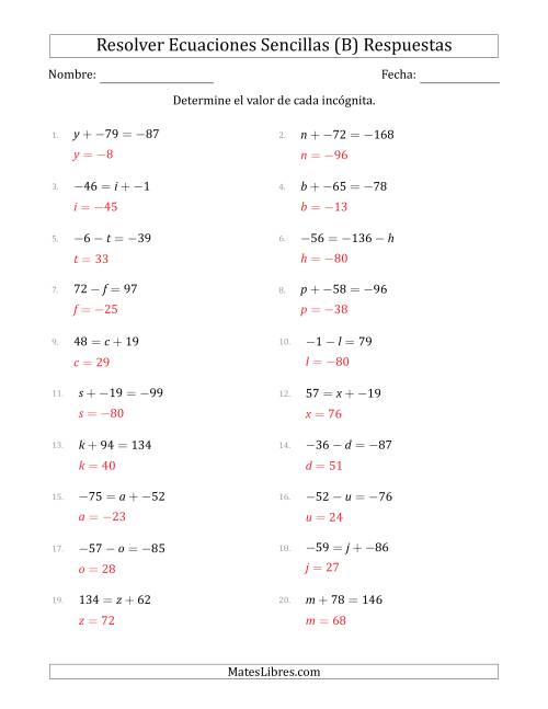 La hoja de ejercicios de Resolver Ecuaciones Lineales Simples con Incógnitas entre -99 and 99 y las Variables a la Izquierda o a la Derecha (B) Página 2
