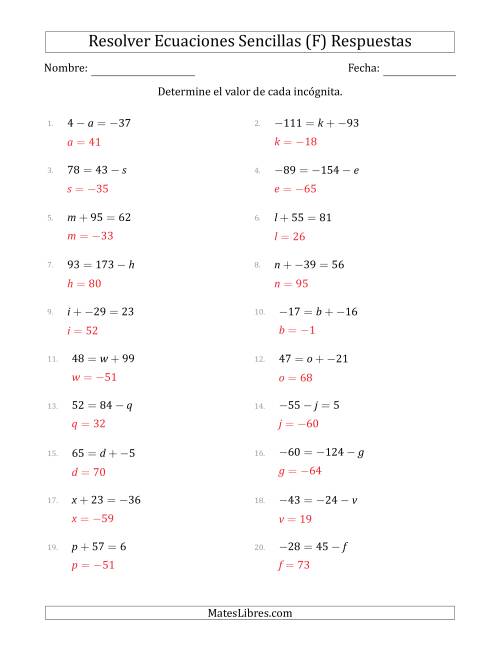 La hoja de ejercicios de Resolver Ecuaciones Lineales Simples con Incógnitas entre -99 and 99 y las Variables a la Izquierda o a la Derecha (F) Página 2