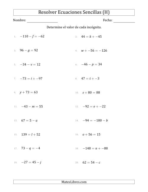 La hoja de ejercicios de Resolver Ecuaciones Lineales Simples con Incógnitas entre -99 and 99 y las Variables a la Izquierda o a la Derecha (H)