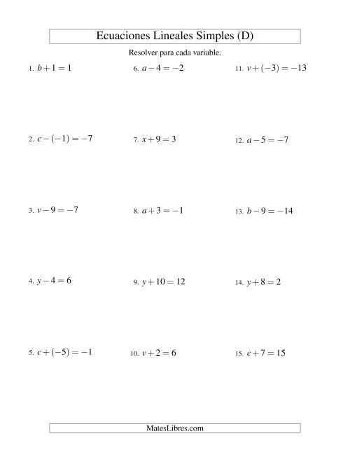 La hoja de ejercicios de Resolver Ecuaciones Lineales de Un Paso con números Sencillos (D)