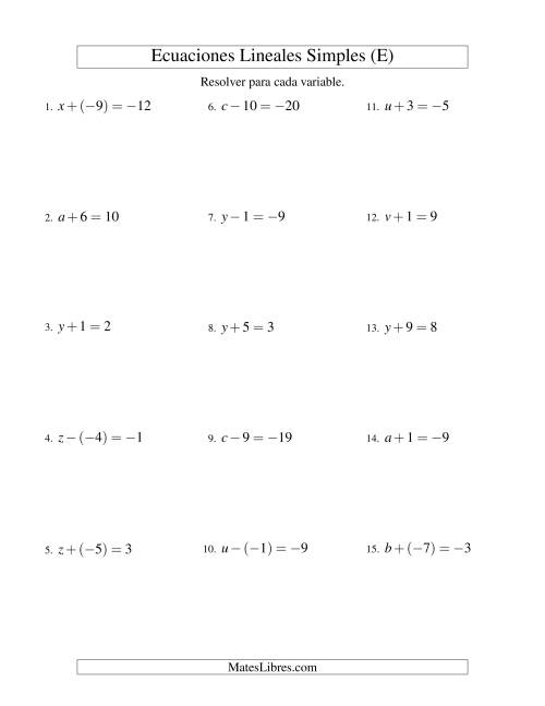 La hoja de ejercicios de Resolver Ecuaciones Lineales de Un Paso con números Sencillos (E)