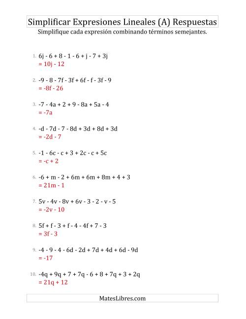 La hoja de ejercicios de Simplificar Expresiones Lineales con entre Seis y Diez Términos (A) Página 2