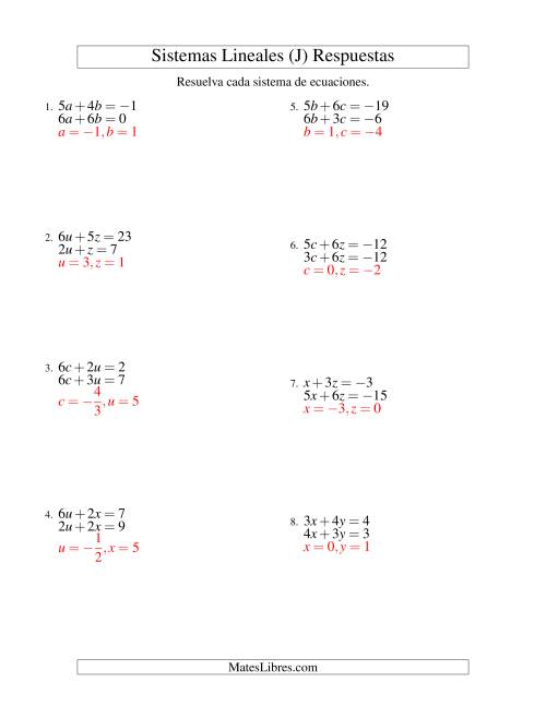 La hoja de ejercicios de Resolver Sistemas de Ecuaciones Lineales de dos Variables con Valores Negativos (J) Página 2