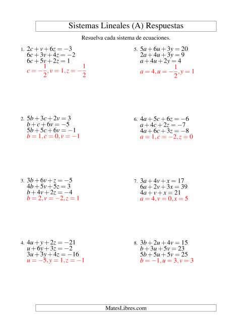 La hoja de ejercicios de Resolver Sistemas de Ecuaciones Lineales de Tres Variables con Valores Negativos (A) Página 2