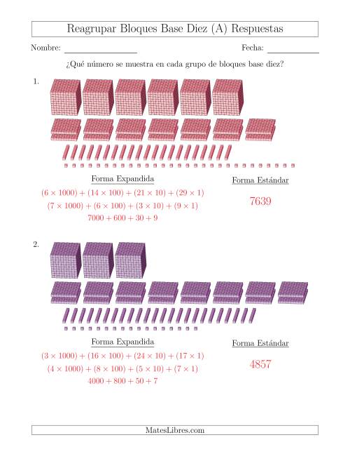 La hoja de ejercicios de Representar números que requieren reagrupar con bloques base diez en forma expandida (con millares) (A) Página 2