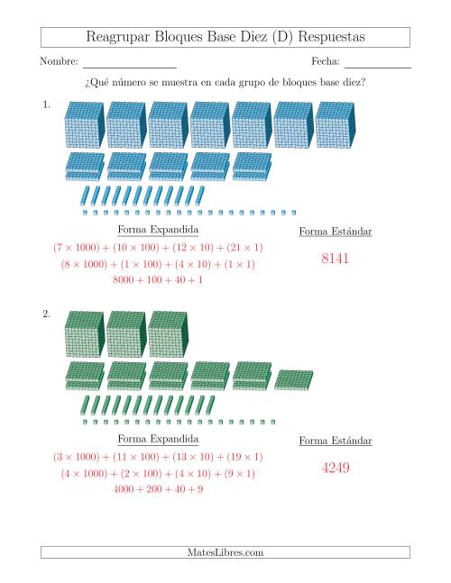 La hoja de ejercicios de Representar números que requieren reagrupar con bloques base diez en forma expandida (con millares) (D) Página 2