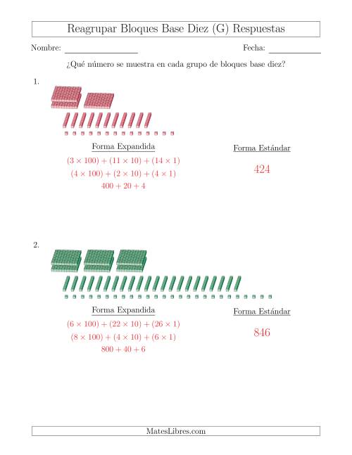 La hoja de ejercicios de Representar números que requieren reagrupar con bloques base diez en forma expandida (sin millares) (G) Página 2