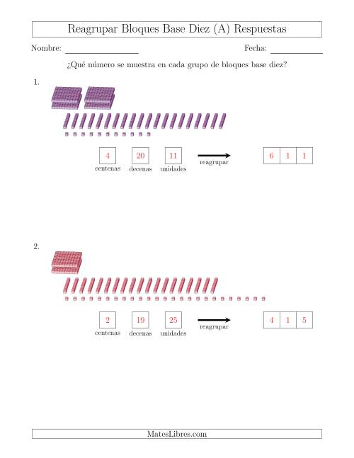 La hoja de ejercicios de Representar números que requieren reagrupar con bloques base diez (sin millares) (A) Página 2
