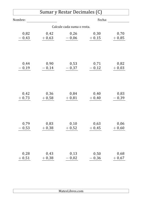 La hoja de ejercicios de Sumar y Restar Centésimas con 0 delante del Decimal (rango de 0,01 a 0,99) (C)