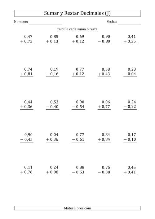 La hoja de ejercicios de Sumar y Restar Centésimas con 0 delante del Decimal (rango de 0,01 a 0,99) (J)