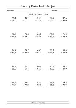 Sumar y Restar Décimas con Dos Dígitos delante del Decimal (rango de 10,1 a 99,9)