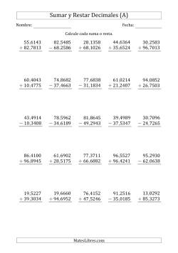 Sumar y Restar Diezmilésimas con Dos Dígitos delante del Decimal (rango de 10,0001 a 99,9999)