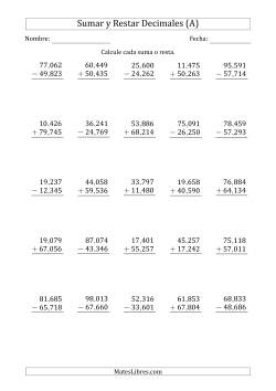 Sumar y Restar Milésimas con Dos Dígitos delante del Decimal (rango de 10,001 a 99,999)