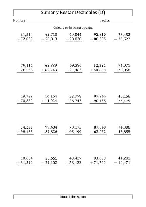 La hoja de ejercicios de Sumar y Restar Milésimas con Dos Dígitos delante del Decimal (rango de 10,001 a 99,999) (B)