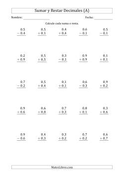 Sumar y Restar Décimas con 0 delante del Decimal (rango de 0,1 a 0,9)