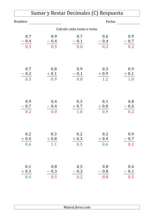 La hoja de ejercicios de Sumar y Restar Décimas con 0 delante del Decimal (rango de 0,1 a 0,9) (C) Página 2