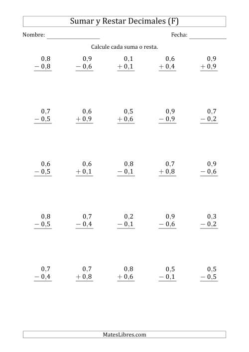 La hoja de ejercicios de Sumar y Restar Décimas con 0 delante del Decimal (rango de 0,1 a 0,9) (F)