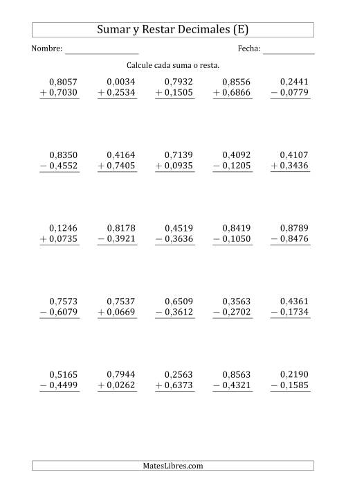 La hoja de ejercicios de Sumar y Restar Diezmilésimas con 0 delante del Decimal (rango de 0,0001 a 0,9999) (E)
