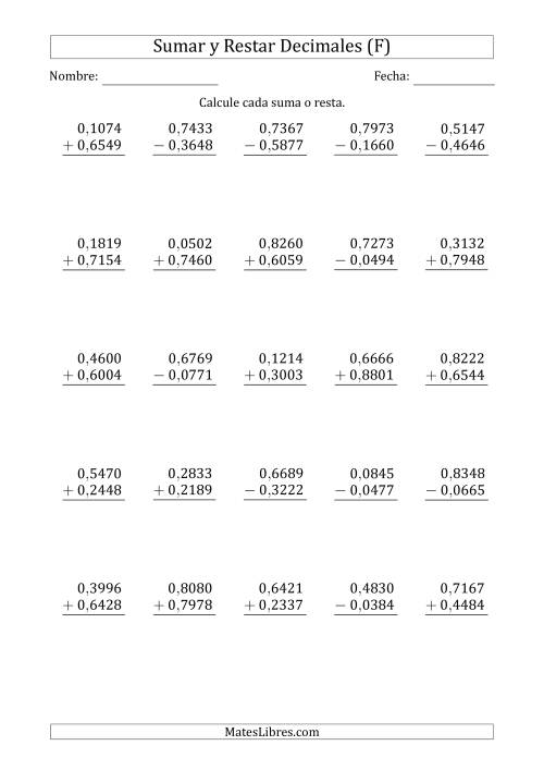 La hoja de ejercicios de Sumar y Restar Diezmilésimas con 0 delante del Decimal (rango de 0,0001 a 0,9999) (F)