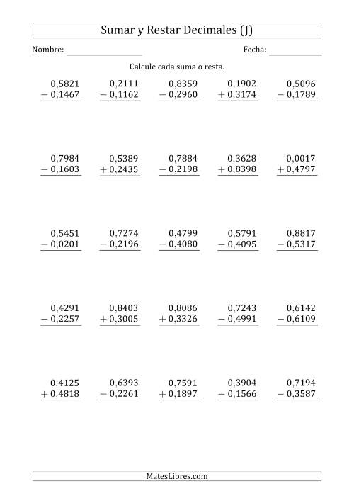 La hoja de ejercicios de Sumar y Restar Diezmilésimas con 0 delante del Decimal (rango de 0,0001 a 0,9999) (J)