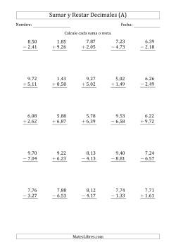 Sumar y Restar Centésimas con Un Dígito delante del Decimal (rango de 1,01 a 9,99)