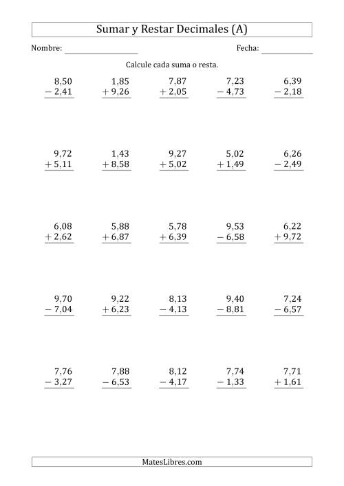 La hoja de ejercicios de Sumar y Restar Centésimas con Un Dígito delante del Decimal (rango de 1,01 a 9,99) (Todas)