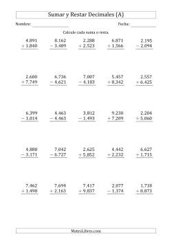 Sumar y Restar Milésimas con Un Dígito delante del Decimal (rango de 1,001 a 9,999)