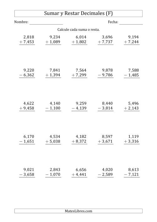 La hoja de ejercicios de Sumar y Restar Milésimas con Un Dígito delante del Decimal (rango de 1,001 a 9,999) (F)