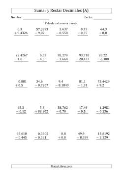 Sumar y Restar Diversos Dígitos hasta las Diezmilésimas