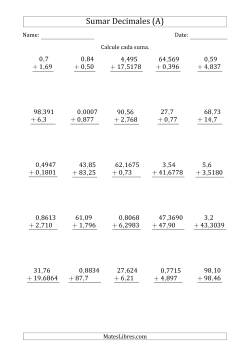 Sumar Diversos Lugares Decimales hasta las Diezmilésimas