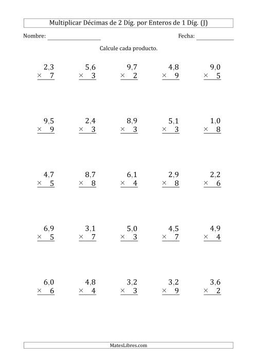 La hoja de ejercicios de Multiplicar Décimas de 2 Díg. por Enteros de 1 Díg. (J)