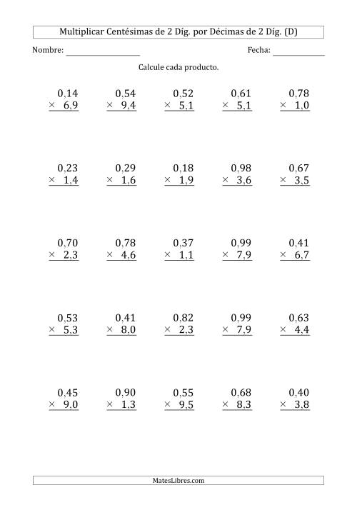 La hoja de ejercicios de Multiplicar Centésimas de 2 Díg. por Décimas de 2 Díg. (D)