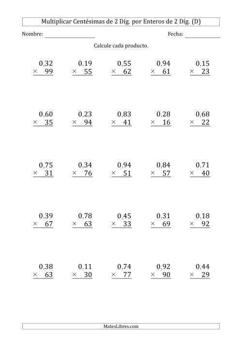 La hoja de ejercicios de Multiplicar Centésimas de 2 Díg. por Enteros de 2 Díg. (D)