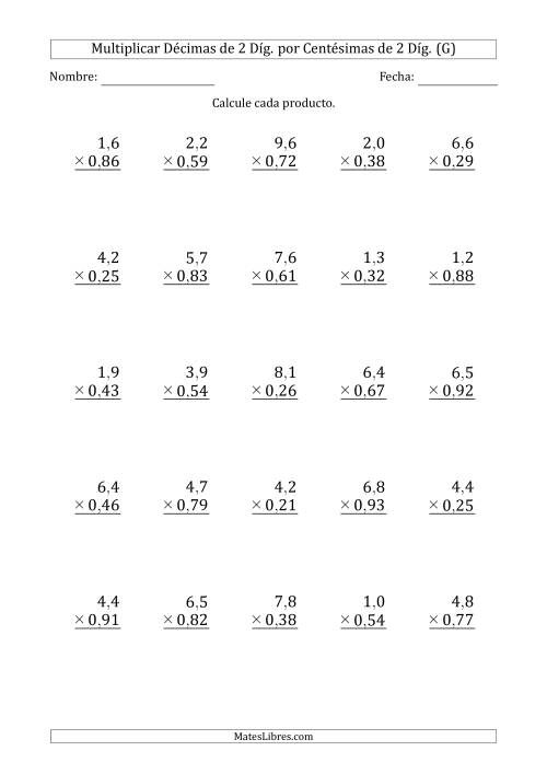 La hoja de ejercicios de Multiplicar Décimas de 2 Díg. por Centésimas de 2 Díg. (G)