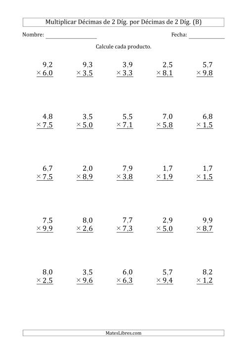 La hoja de ejercicios de Multiplicar Décimas de 2 Díg. por Décimas de 2 Díg. (B)