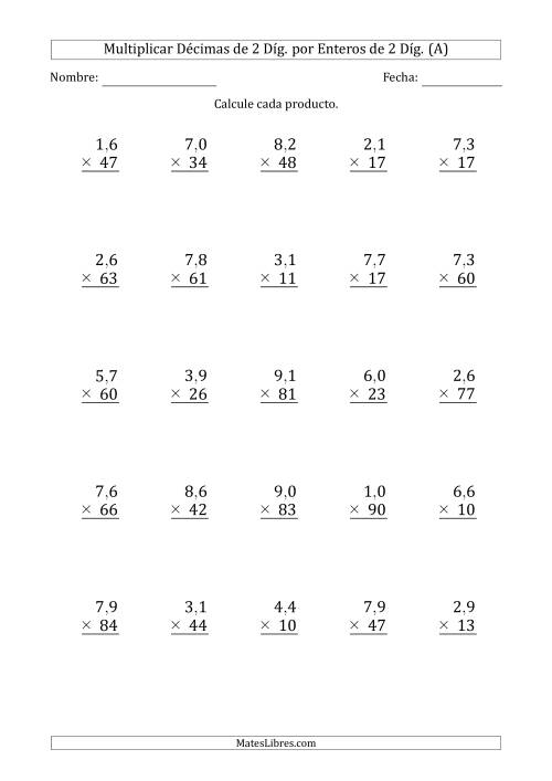 La hoja de ejercicios de Multiplicar Décimas de 2 Díg. por Enteros de 2 Díg. (A)