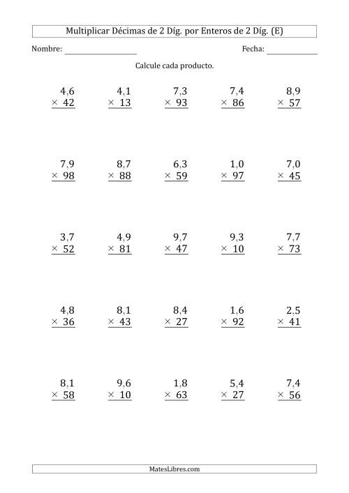 La hoja de ejercicios de Multiplicar Décimas de 2 Díg. por Enteros de 2 Díg. (E)