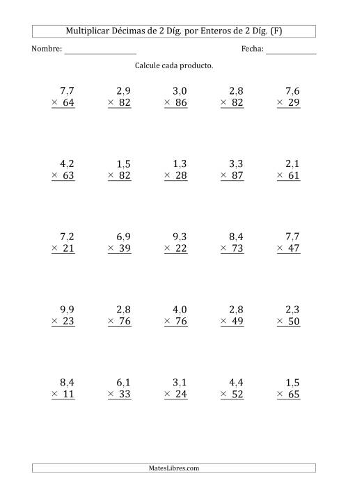 La hoja de ejercicios de Multiplicar Décimas de 2 Díg. por Enteros de 2 Díg. (F)