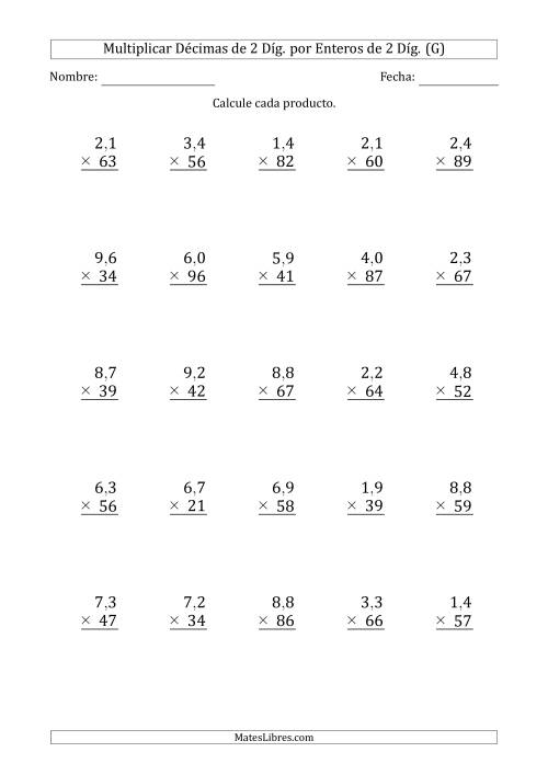 La hoja de ejercicios de Multiplicar Décimas de 2 Díg. por Enteros de 2 Díg. (G)