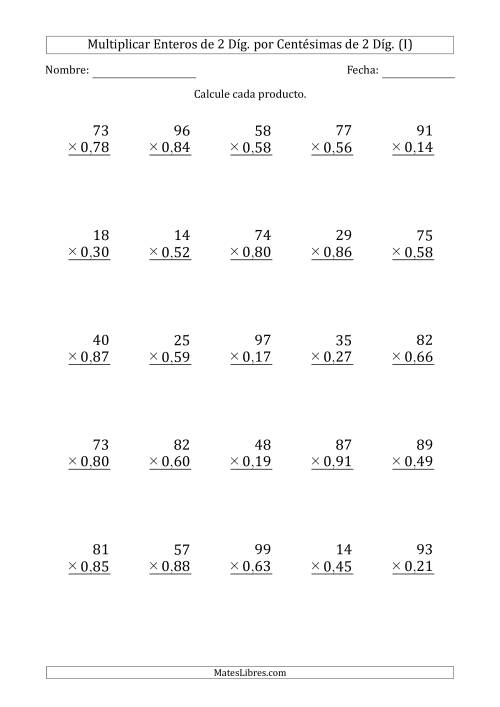 La hoja de ejercicios de Multiplicar Enteros de 2 Díg. por Centésimas de 2 Díg. (I)