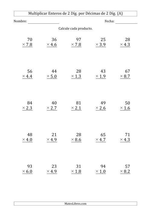 La hoja de ejercicios de Multiplicar Enteros de 2 Díg. por Décimas de 2 Díg. (A)