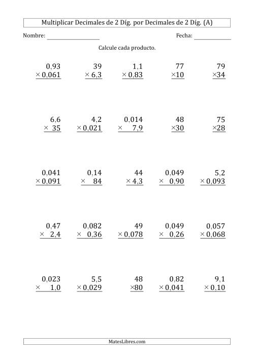 La hoja de ejercicios de Multiplicar Decimales de 2 Díg. por Decimales de 2 Díg. (A)
