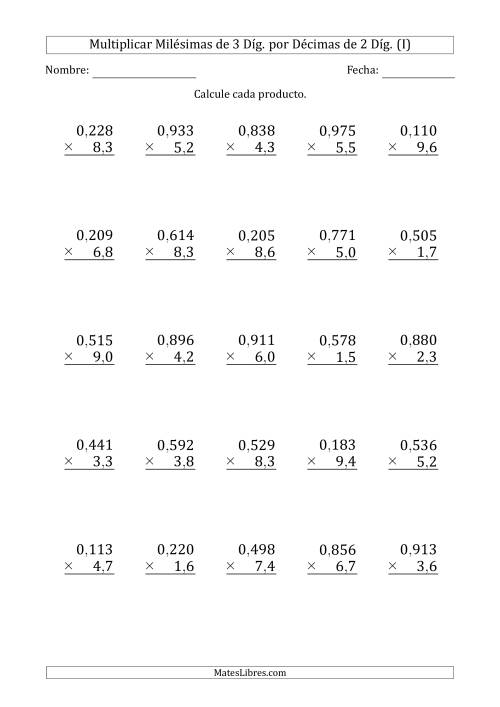 La hoja de ejercicios de Multiplicar Milésimas de 3 Díg. por Décimas de 2 Díg. (I)
