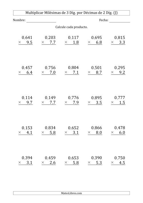La hoja de ejercicios de Multiplicar Milésimas de 3 Díg. por Décimas de 2 Díg. (J)
