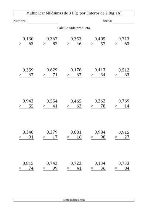 La hoja de ejercicios de Multiplicar Milésimas de 3 Díg. por Enteros de 2 Díg. (A)