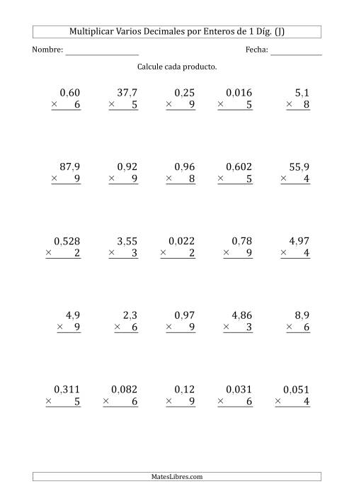 La hoja de ejercicios de Multiplicar Varios Decimales por Enteros de 1 Díg. (J)