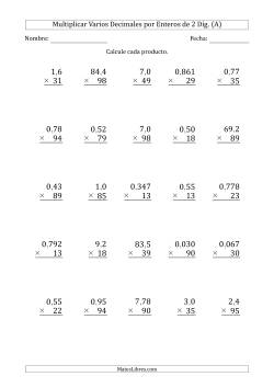 Multiplicar Varios Decimales por Enteros de 2 Díg.