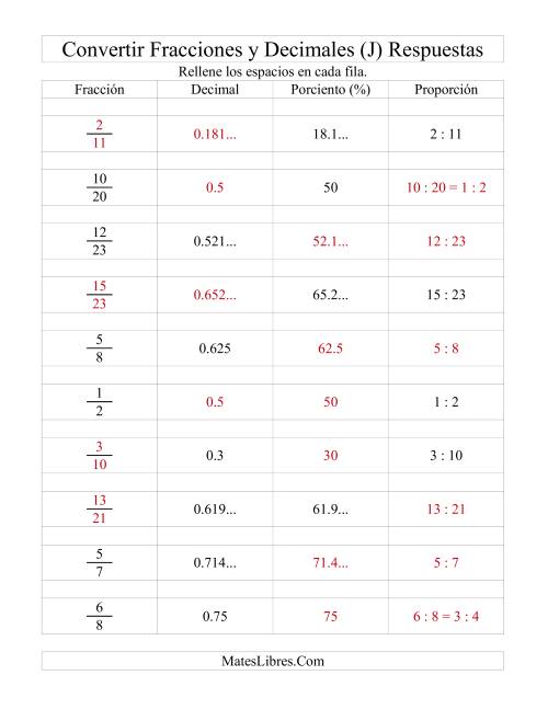 La hoja de ejercicios de Convertir Fracciones, Decimales, Porcientos y Proporciones (J) Página 2