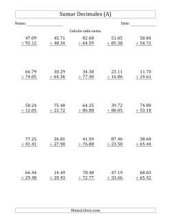 Sumar Centésimas con Dos Dígitos delante del Decimal